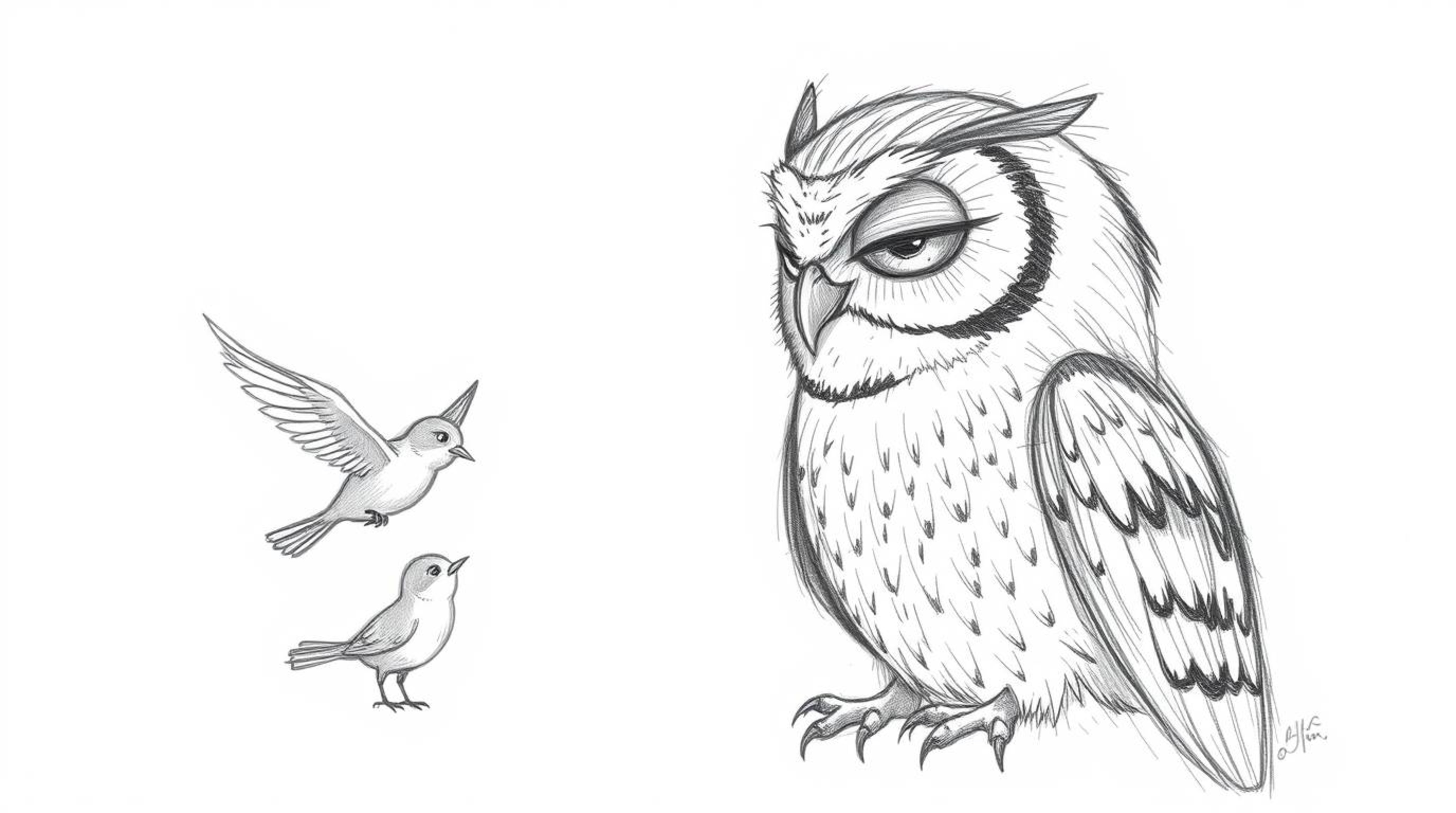 A Pixar-inspired hand-drawn pencil sketch depicts a blind owl, its textured feathers meticulously rendered, attentively liste