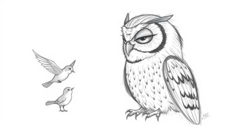 A Pixar-inspired hand-drawn pencil sketch depicts a blind owl, its textured feathers meticulously rendered, attentively liste
