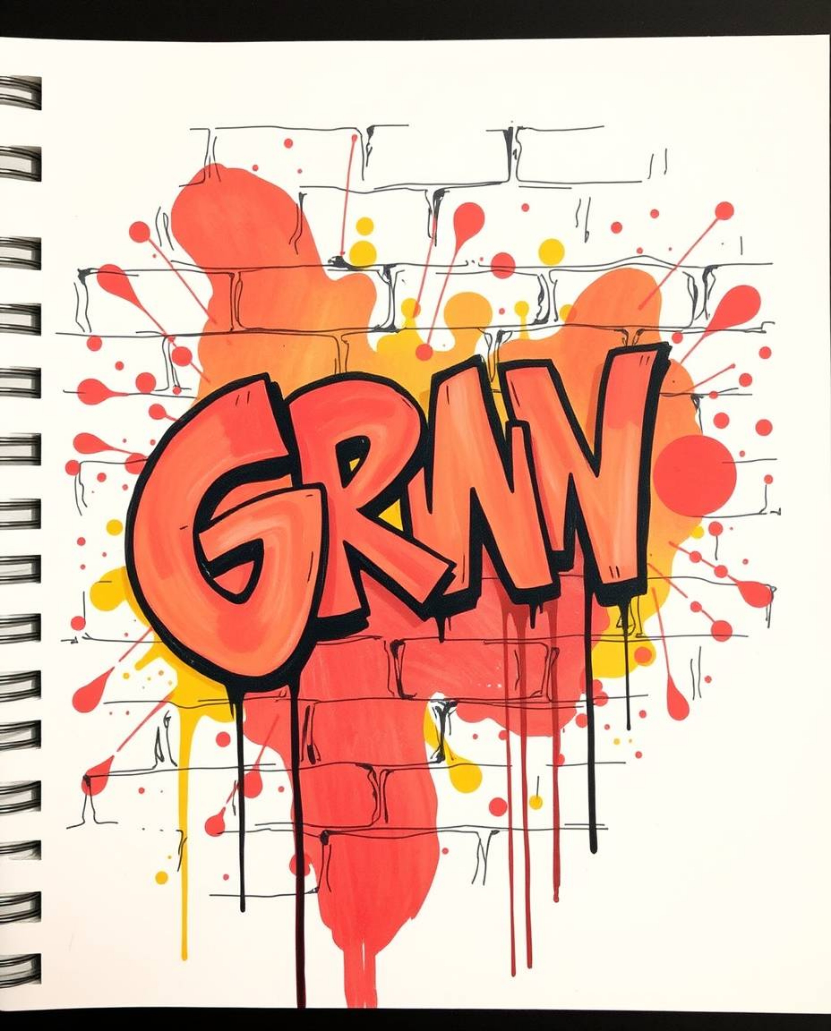 This artwork features a hand-drawn sketch in a vibrant, color sketchnote style. Warm-toned graffiti-style splashes in reds, o