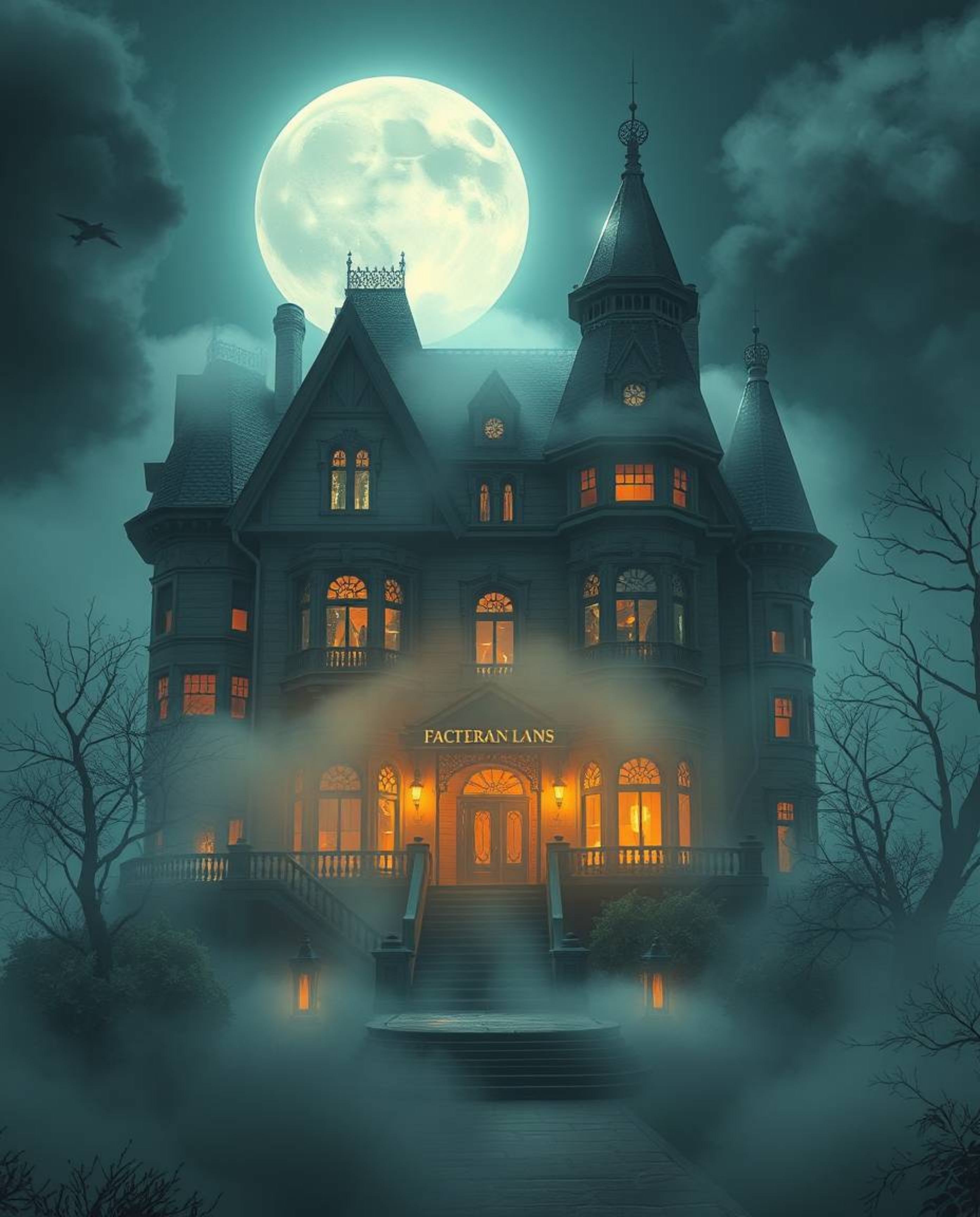 Immerse yourself in a futuristic sci-fi illustration featuring a fog-covered Victorian mansion bathed in moonlight. This capt
