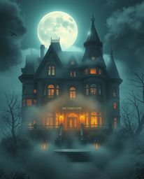 Immerse yourself in a futuristic sci-fi illustration featuring a fog-covered Victorian mansion bathed in moonlight. This capt
