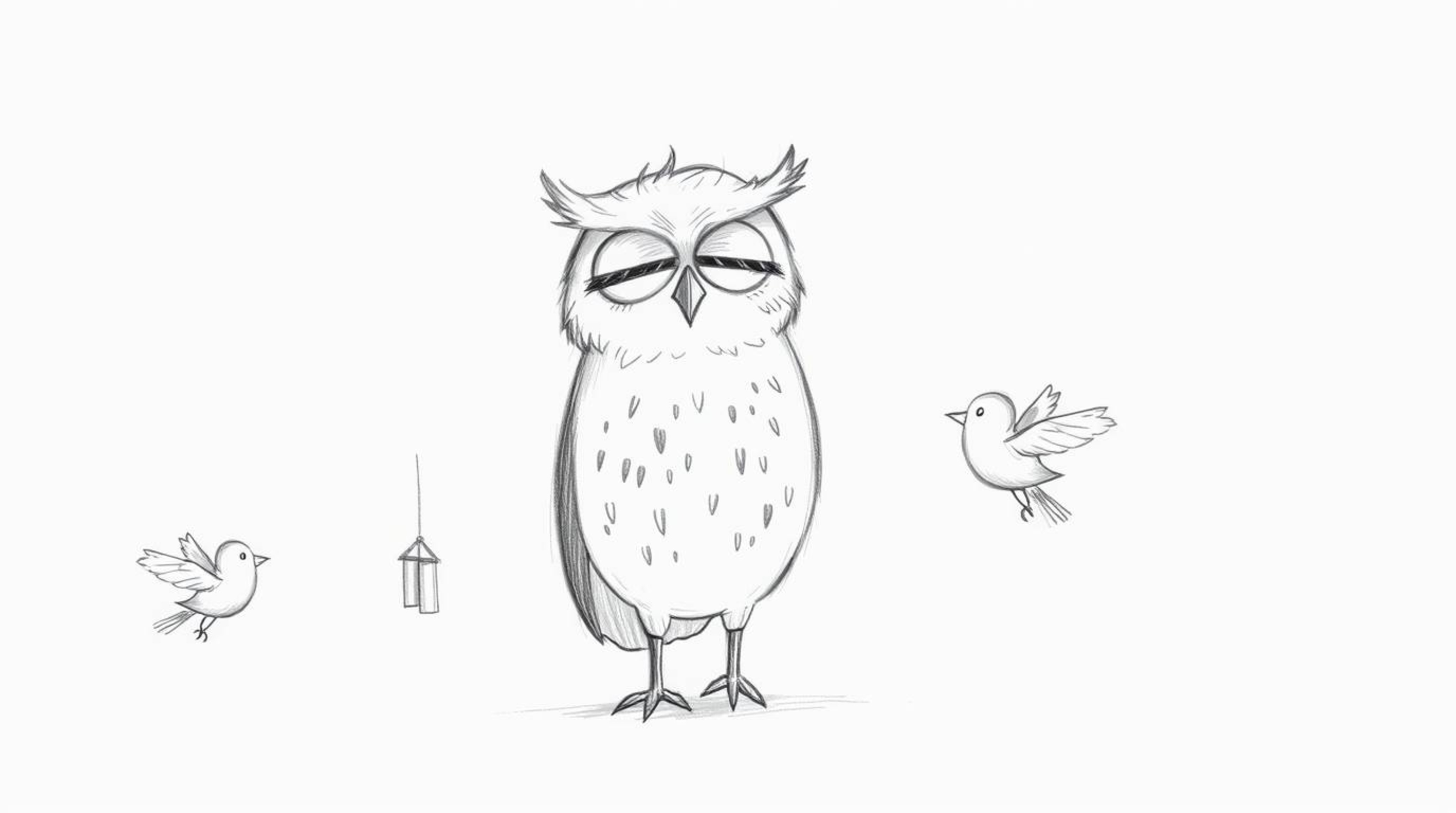 A heartwarming, hand-drawn sketch reminiscent of Pixar depicts a gentle, blind owl with endearing features guiding small bird
