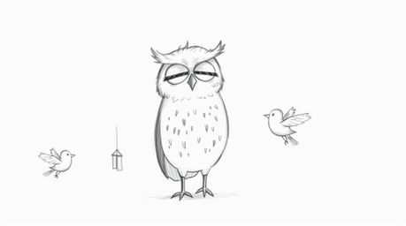 A heartwarming, hand-drawn sketch reminiscent of Pixar depicts a gentle, blind owl with endearing features guiding small bird
