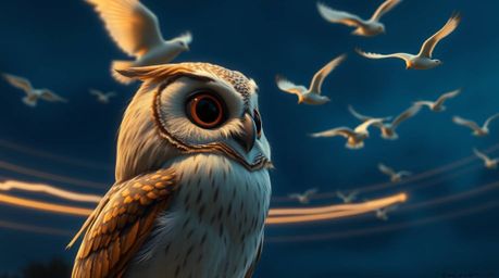 A captivating long exposure photograph in a Pixar-inspired style showcases a gentle, blind owl with soft feathers.  It whispe