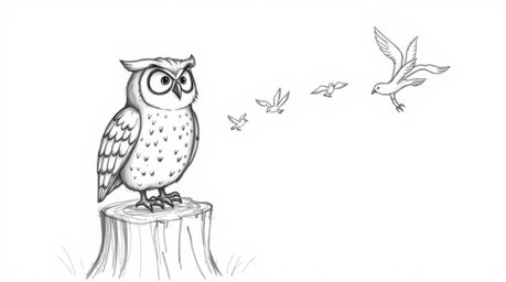 A heartwarming, hand-drawn sketch reminiscent of Pixar animation showcases a blind owl brimming with character. Perched proud