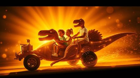 A captivating piece of creative light art depicts a prehistoric family enjoying a ride in a dinosaur-shaped car, bathed in a 
