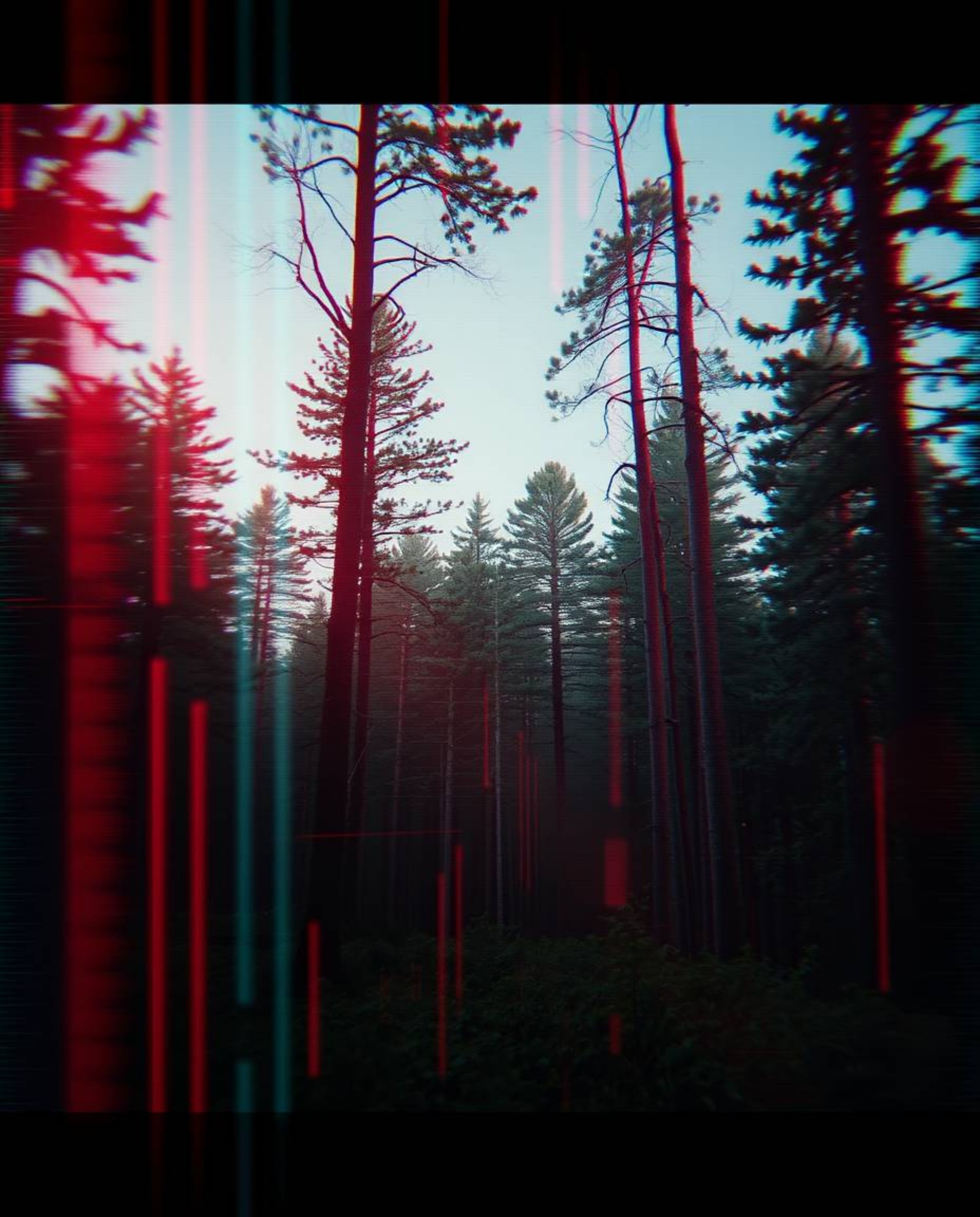 Experience a captivating blend of nature and digital art. This surreal image showcases a vibrant forest scene disrupted by a 