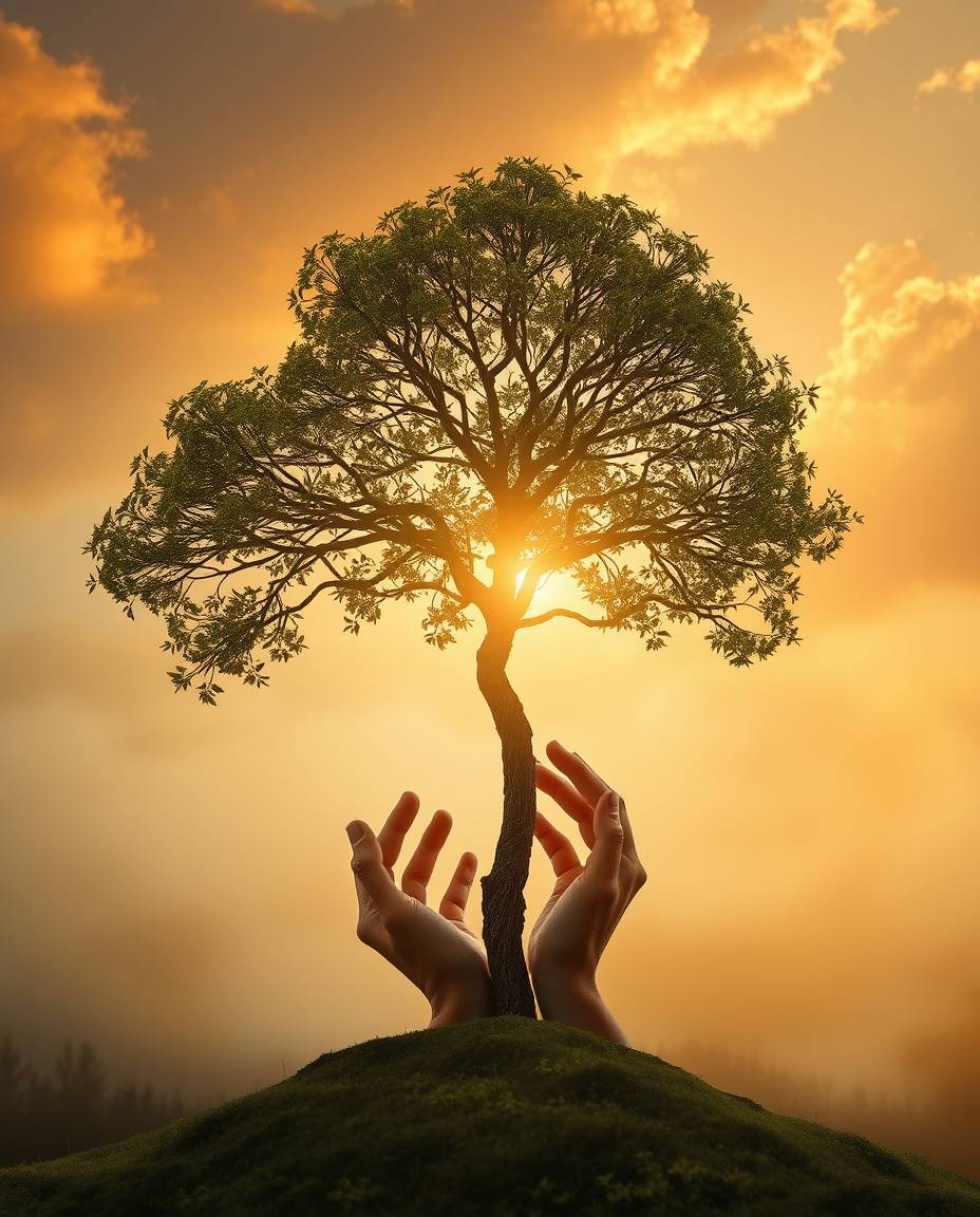 A captivating image of hands planting a tree under a breathtaking golden sky.  Gentle color contrasts create a dreamlike, eth