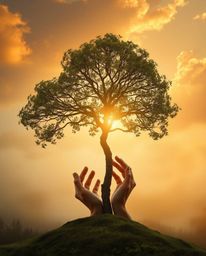 A captivating image of hands planting a tree under a breathtaking golden sky.  Gentle color contrasts create a dreamlike, eth