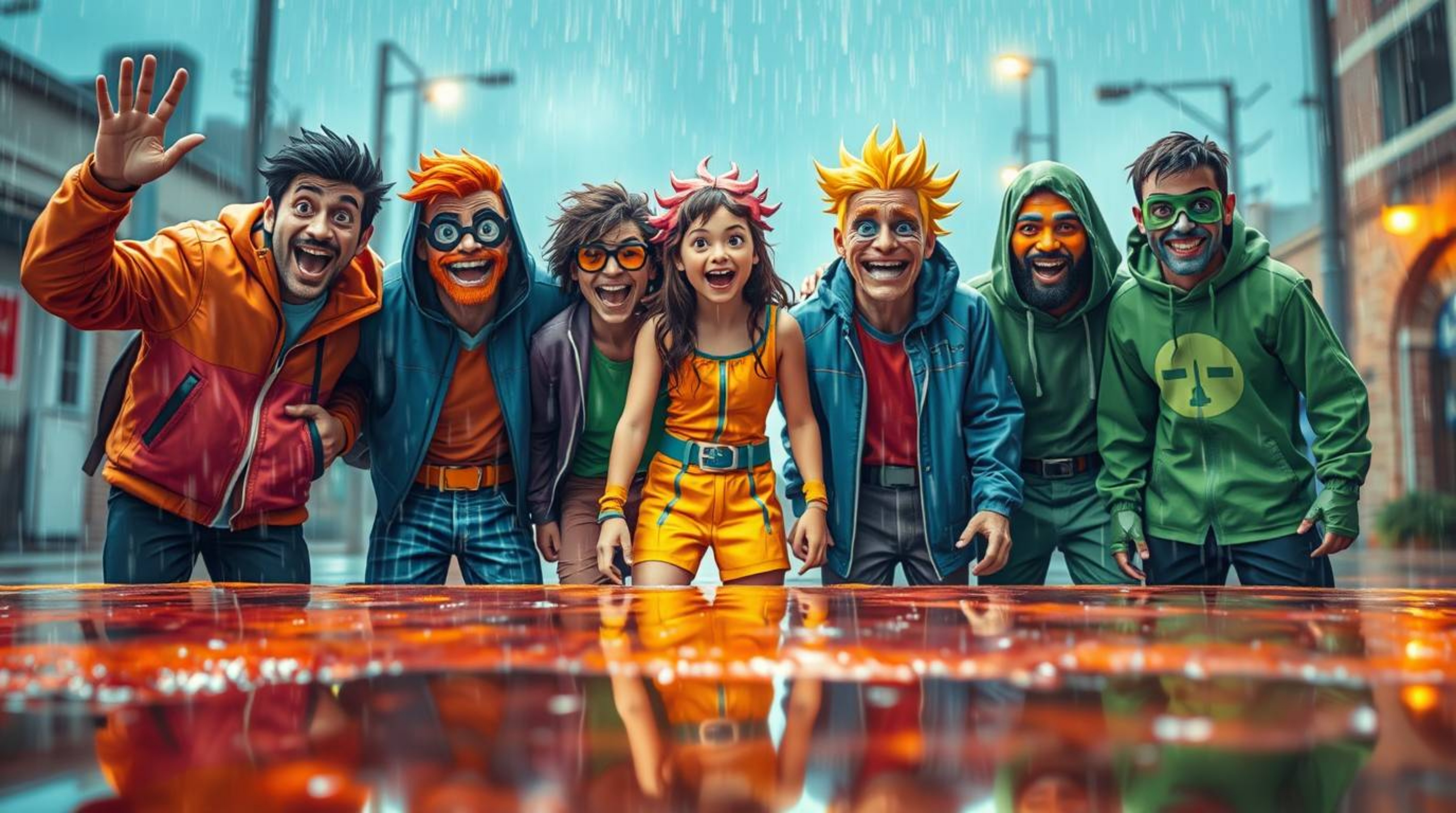 A wet and rainy scene showcases a lively team of misfit heroes coming together, depicted with bright, vibrant colors. The dri