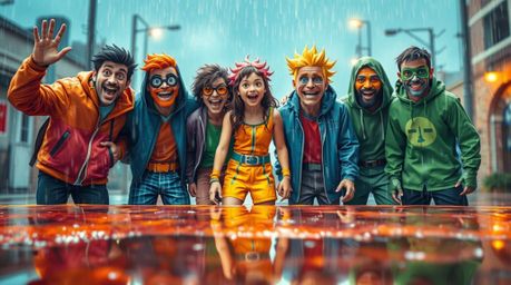A wet and rainy scene showcases a lively team of misfit heroes coming together, depicted with bright, vibrant colors. The dri