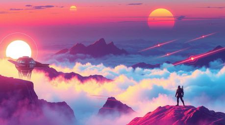 A captivating futuristic sci-fi illustration showcases dynamic, motion-blurred fog-covered hills bathed in the vibrant hues o