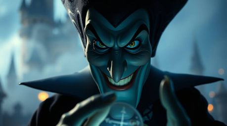 A captivating close-up reveals a classic Disney villain with intense eyes and a sinister smile, casting a spell within a blur