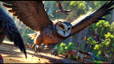 In a visually stunning and dynamic scene that blends the charm of Pixar with the expressiveness of anime, a wise blind owl is