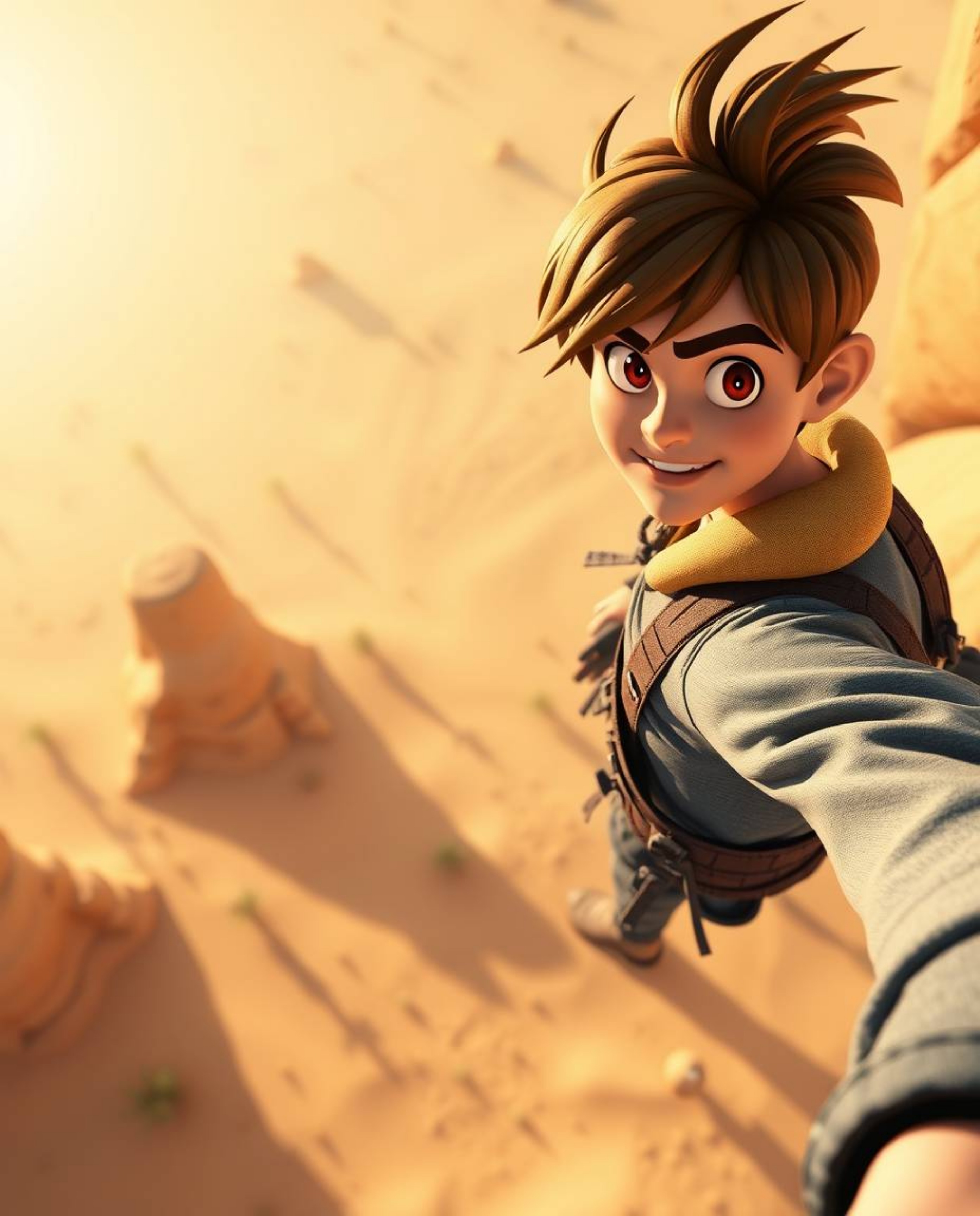 Experience a thrilling top-down adventure with a brave hero in a vibrant Disney-style desert setting. This captivating scene 
