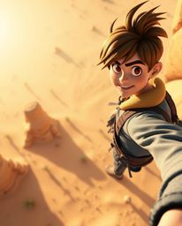 Experience a thrilling top-down adventure with a brave hero in a vibrant Disney-style desert setting. This captivating scene 