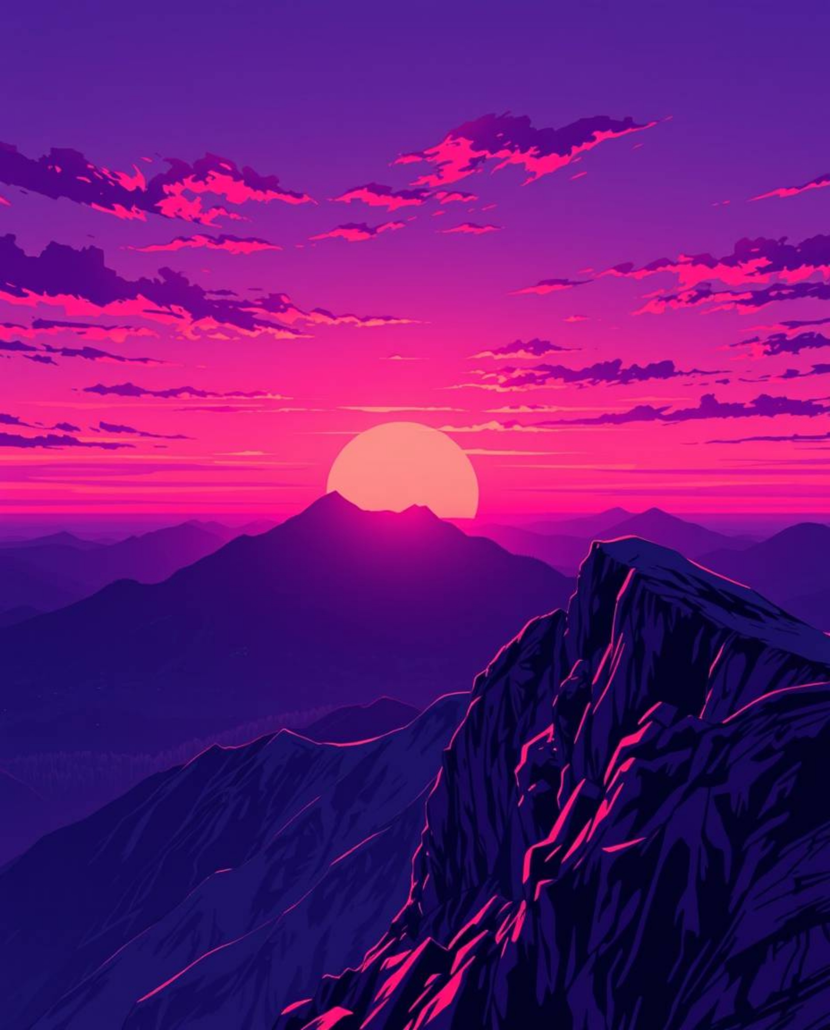 Journey to another realm with this Isekai anime style depiction of a sunset viewed from a high alpine peak. The scene is satu
