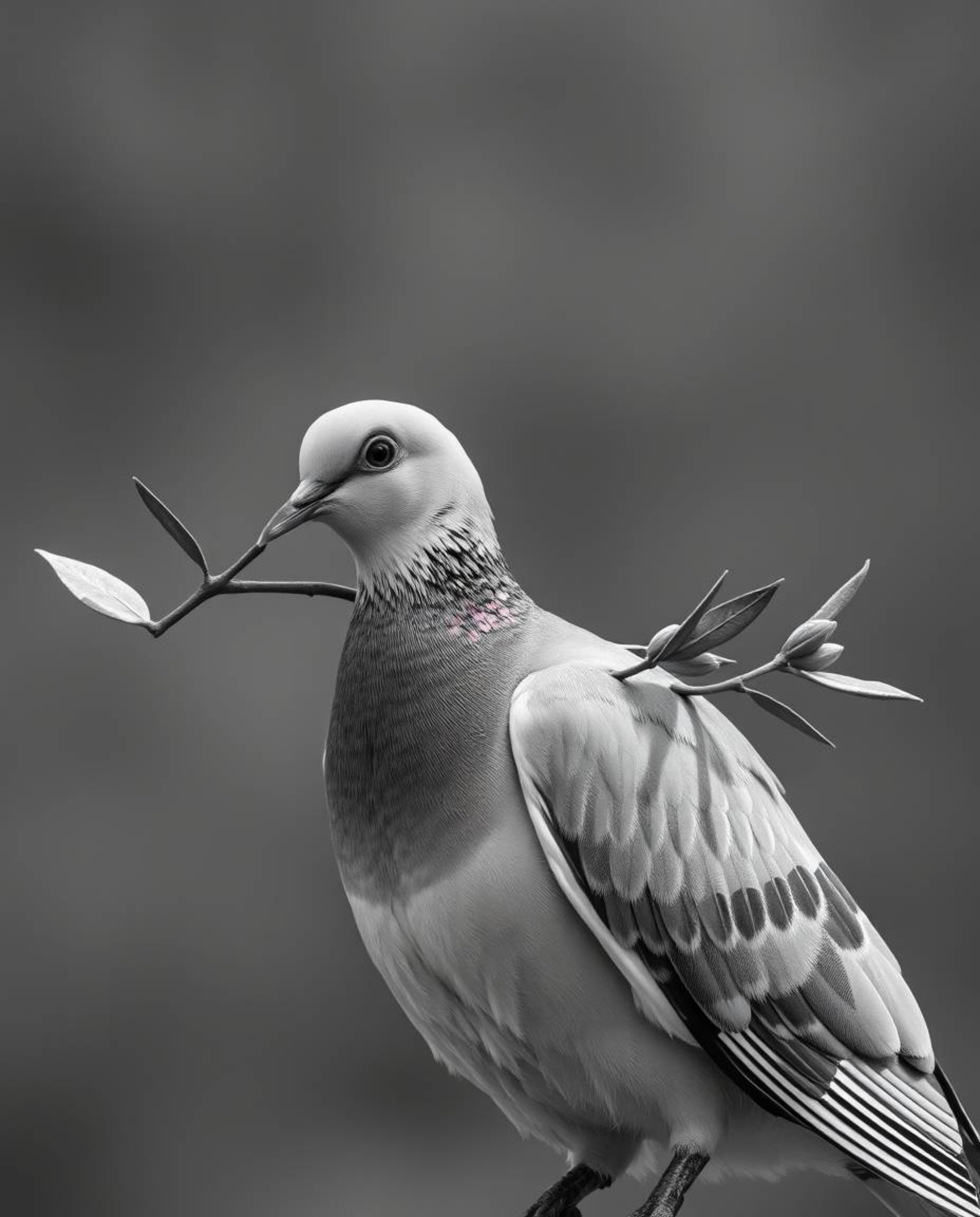 This artwork features a striking close-up of a dove carrying an olive branch, rendered in classic black and white.  The image