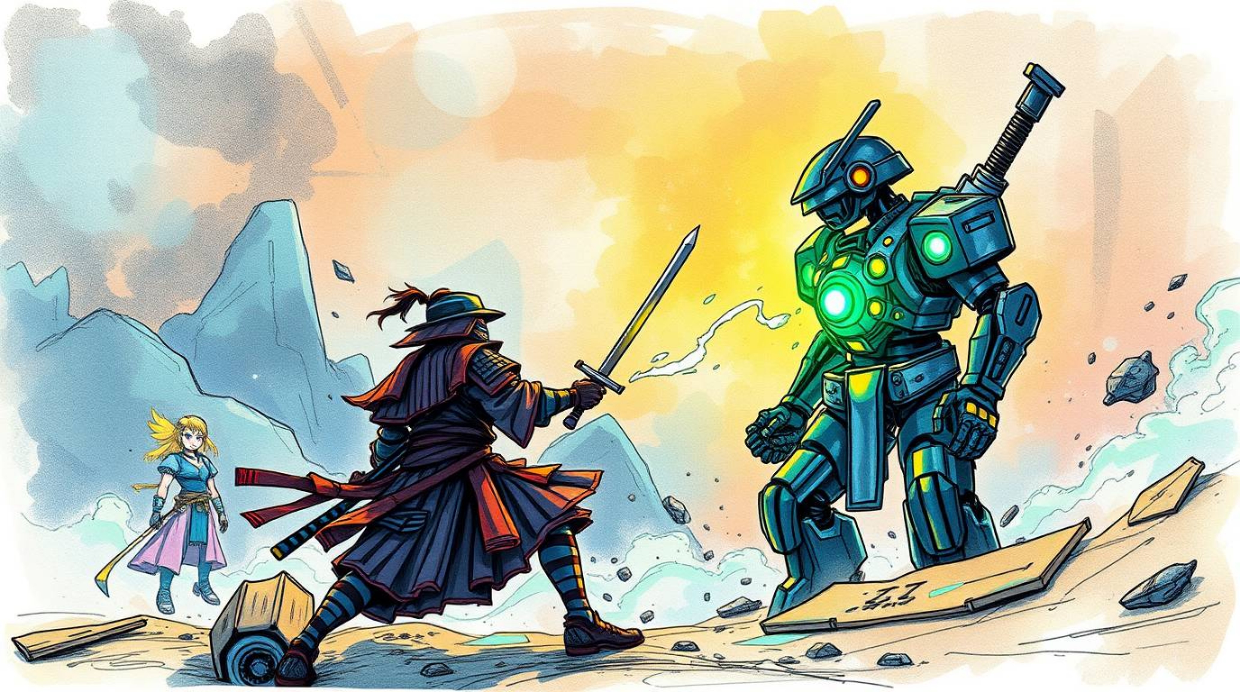 Explore a hand-drawn sketch depicting an epic battle between a samurai and a robot in a glowing, bioluminescent dystopian wor