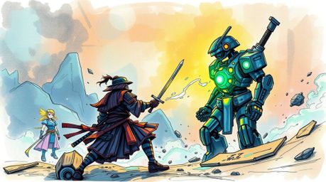 Explore a hand-drawn sketch depicting an epic battle between a samurai and a robot in a glowing, bioluminescent dystopian wor