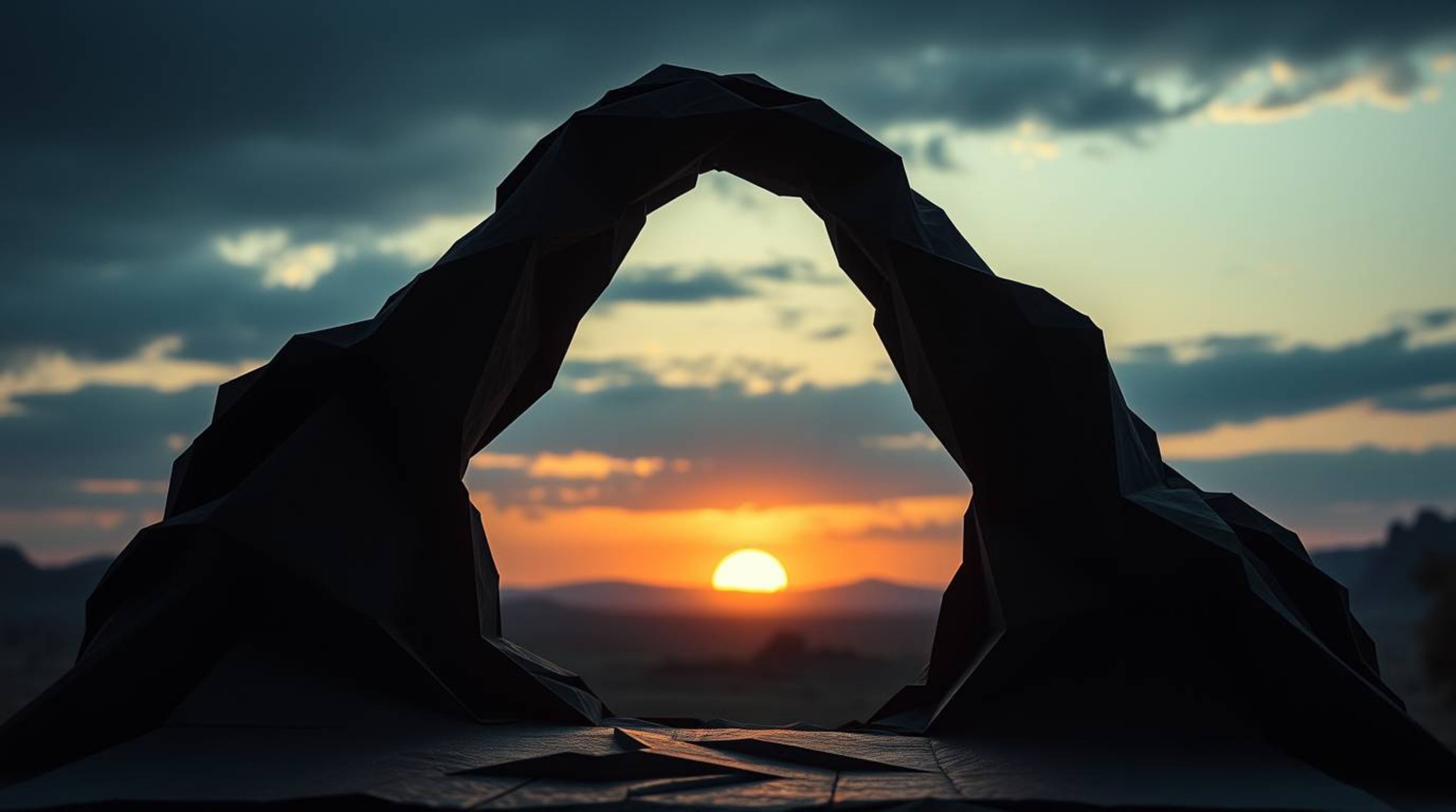 A captivating image blends intricate origami aesthetics with an eerie desert sunset.  The scene depicts a sun setting through