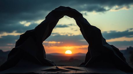 A captivating image blends intricate origami aesthetics with an eerie desert sunset.  The scene depicts a sun setting through