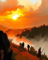 This is a dynamic digital sketch providing a close-up view of a sunset over misty Tuscan hills. Executed in an unfinished con