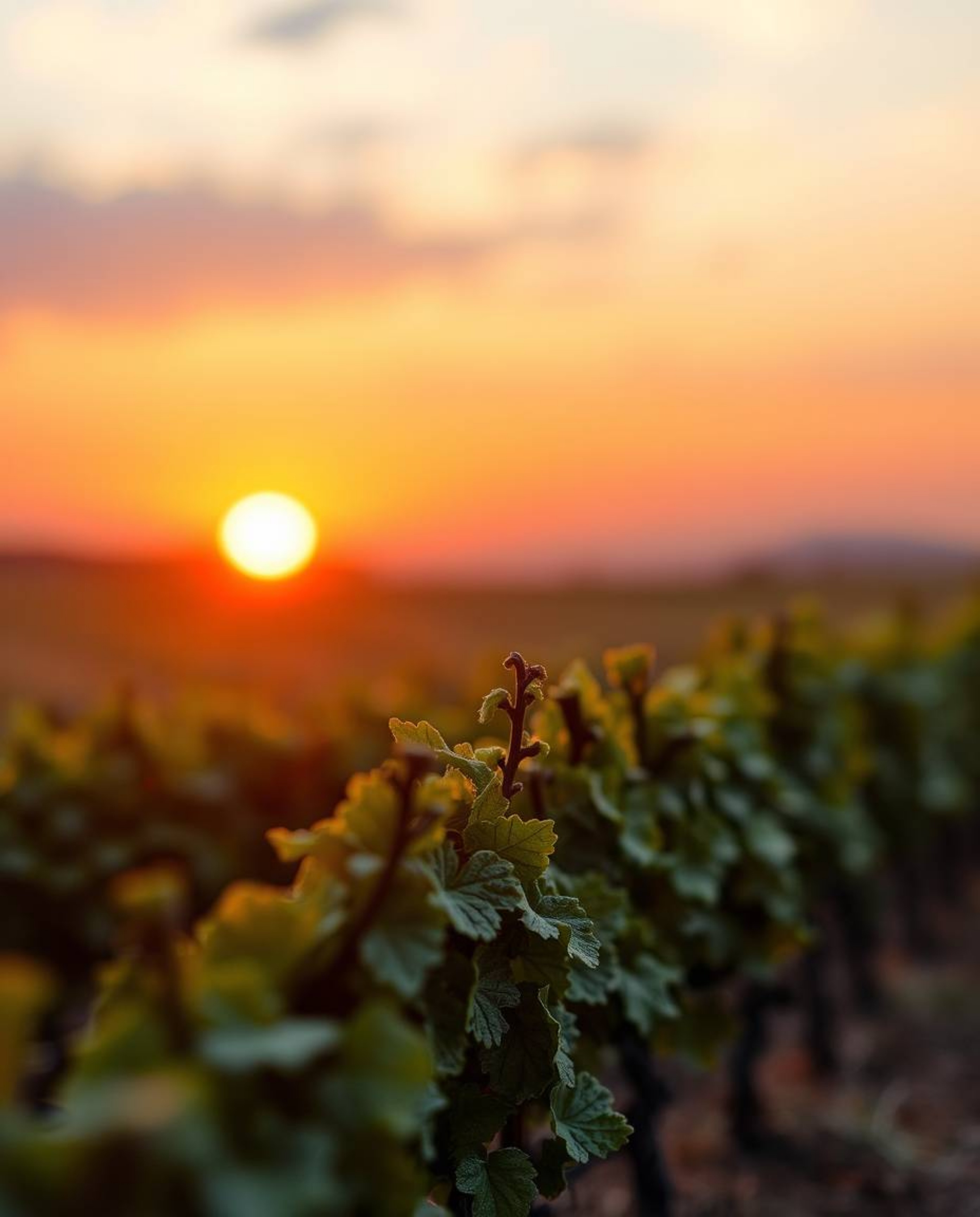This unique artwork depicts a sunset over a vineyard, ingeniously crafted from sculpted papier-mâché. It features a stunning 