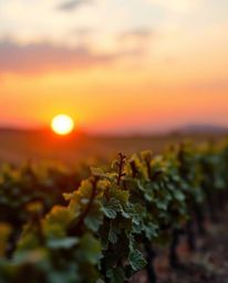 This unique artwork depicts a sunset over a vineyard, ingeniously crafted from sculpted papier-mâché. It features a stunning 
