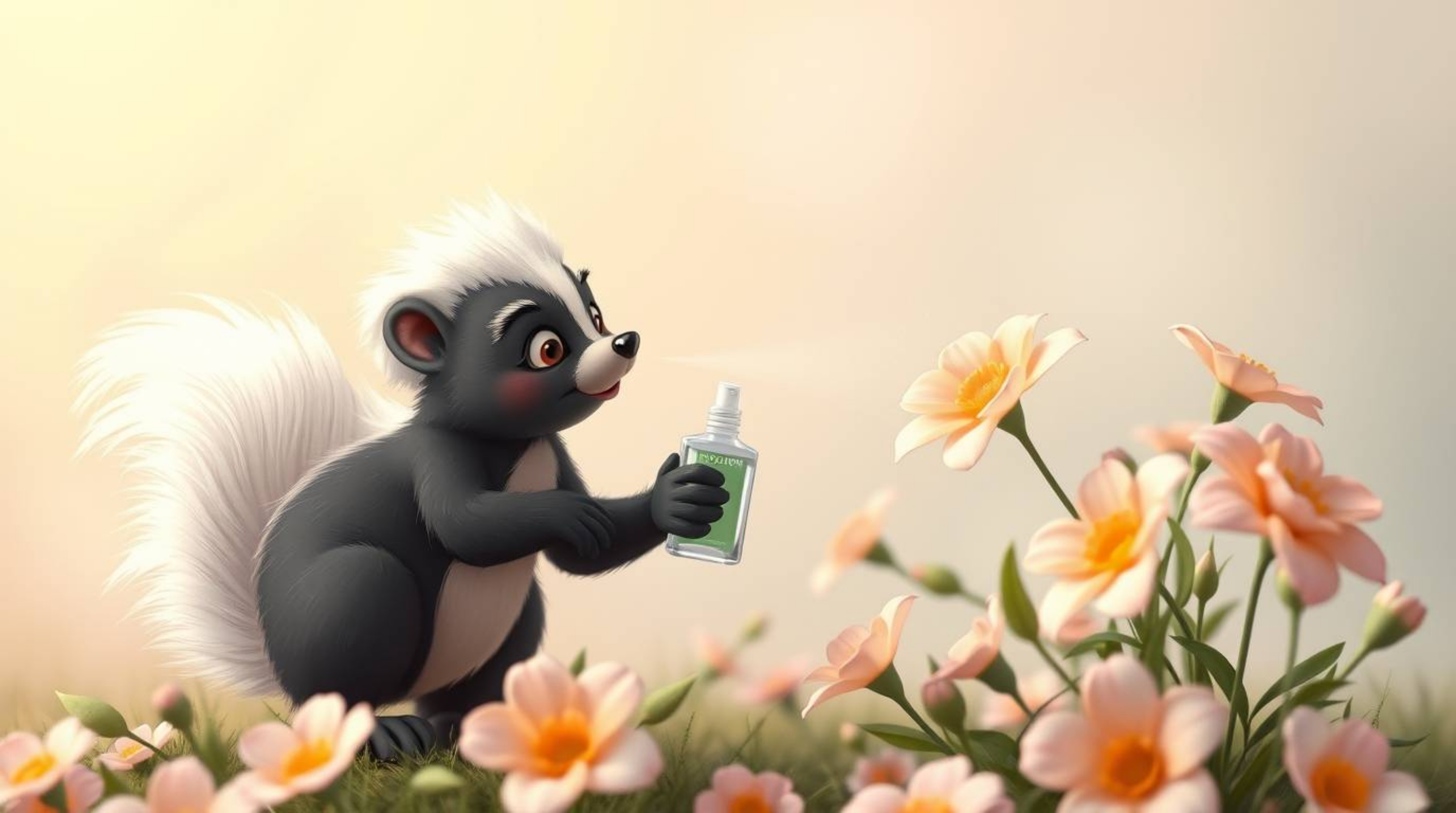 A professional, fine-art photograph featuring a cartoon skunk delicately spraying perfume onto flowers, rendered in soft past