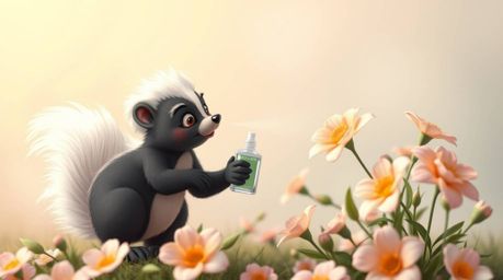 A professional, fine-art photograph featuring a cartoon skunk delicately spraying perfume onto flowers, rendered in soft past