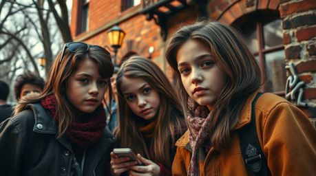 A captivating street photograph captures a group of refined teenagers immersed in solving mysteries within a haunted mansion.