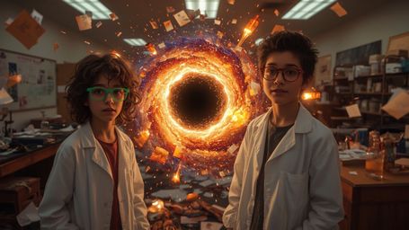 A dramatic, high-contrast cinematic photo, reminiscent of Pixar's stylized color palette, captures two diverse science fair s