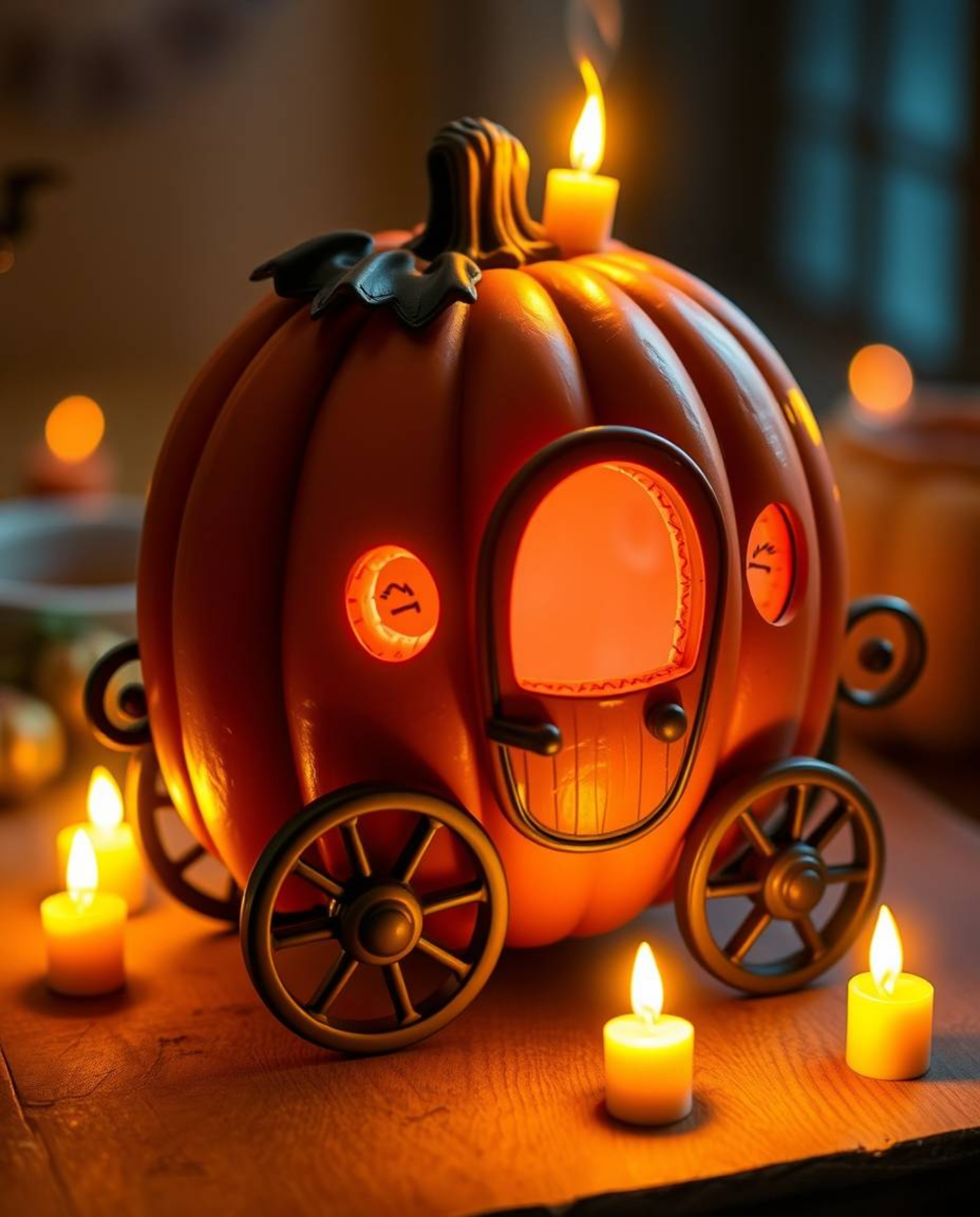 Witness the enchanting transformation of a charming and adorable magical pumpkin into a magnificent carriage, bathed in the w