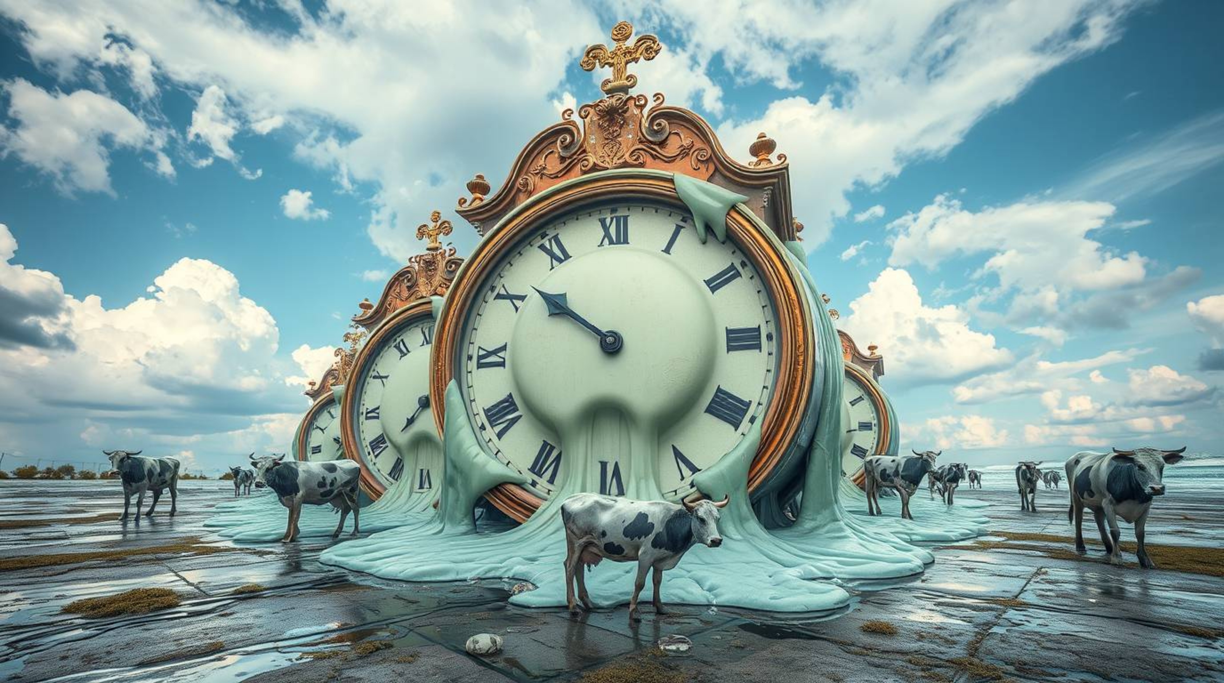 Explore a surreal dreamscape where melting clocks and floating cows defy reality, captured through precise architectural colo