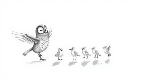 A heartwarming hand-drawn illustration in the style of Pixar, depicting a blind owl patiently teaching a class of birds to fl