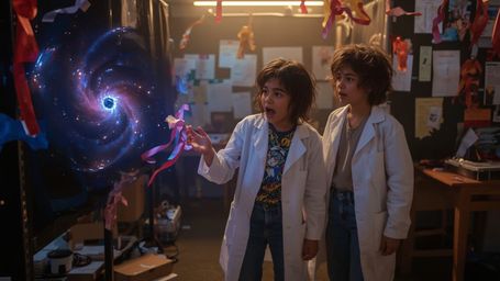 A dramatic, high-contrast cinematic photograph captures two excited science fair participants, a boy and a girl, in a moment 