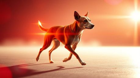A graceful, elegant dog with refined features strolls through space in this futuristic digital artwork.  The scene is bathed 