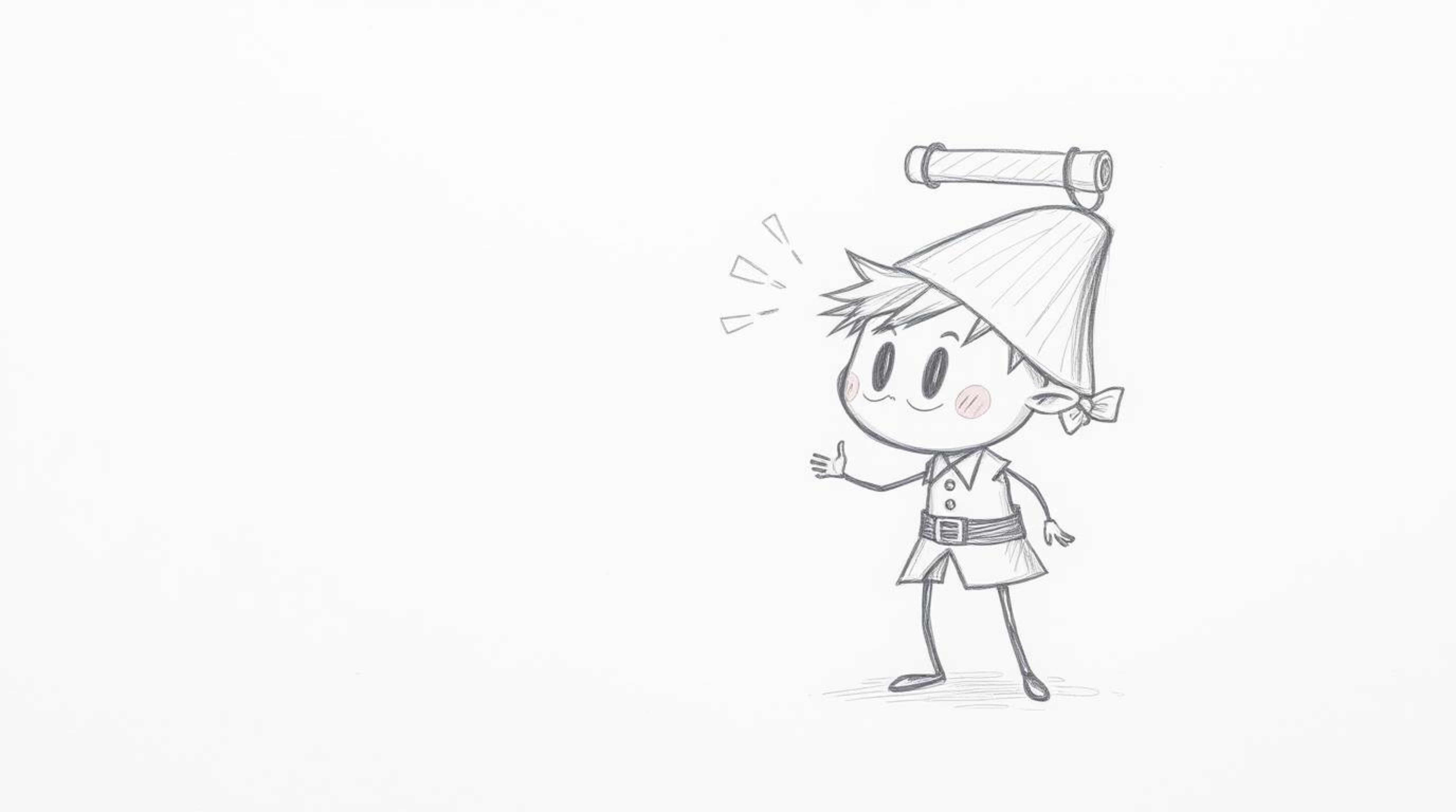 A charming, hand-drawn trickster character is caught in a comical predicament, about to be struck by a falling anvil in this 