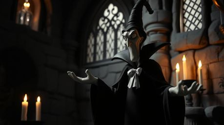 This stunning artwork captures a classic Disney villain casting a spell within the walls of an old castle, rendered in a stri