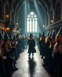A captivating fine art photograph capturing a magical school brimming with young wizards, emphasizing strong hard light along