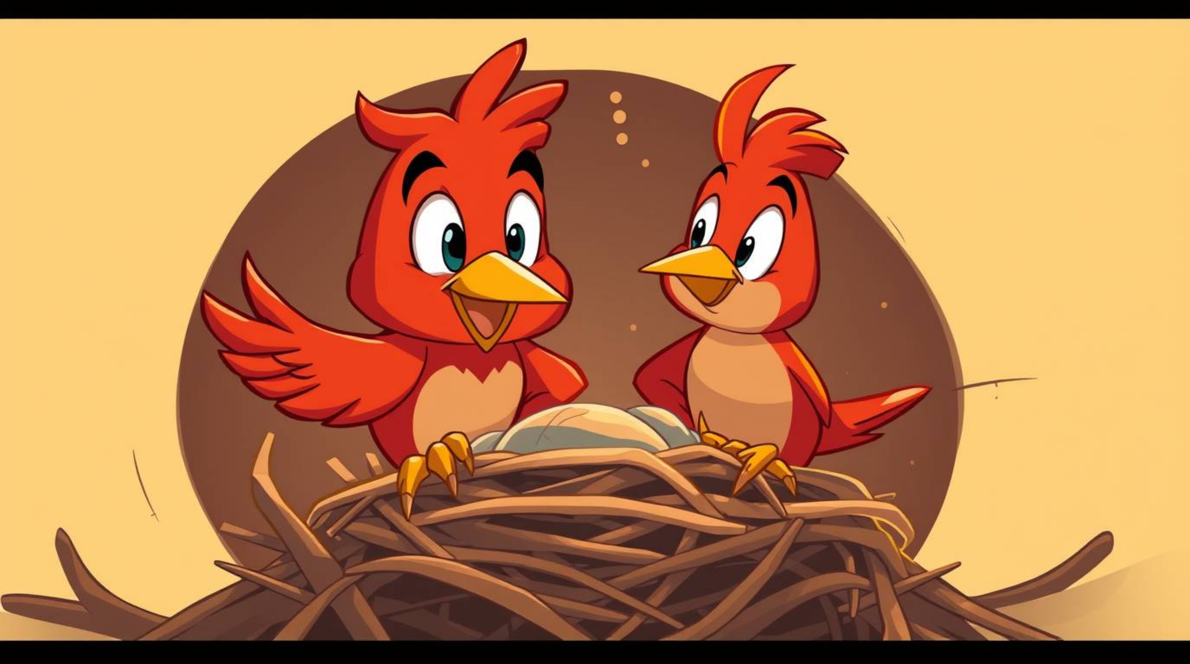Watch two vibrant cartoon birds construct their nest in a charming classic animation style.  The animation features strong li