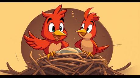 Watch two vibrant cartoon birds construct their nest in a charming classic animation style. The animation features strong li