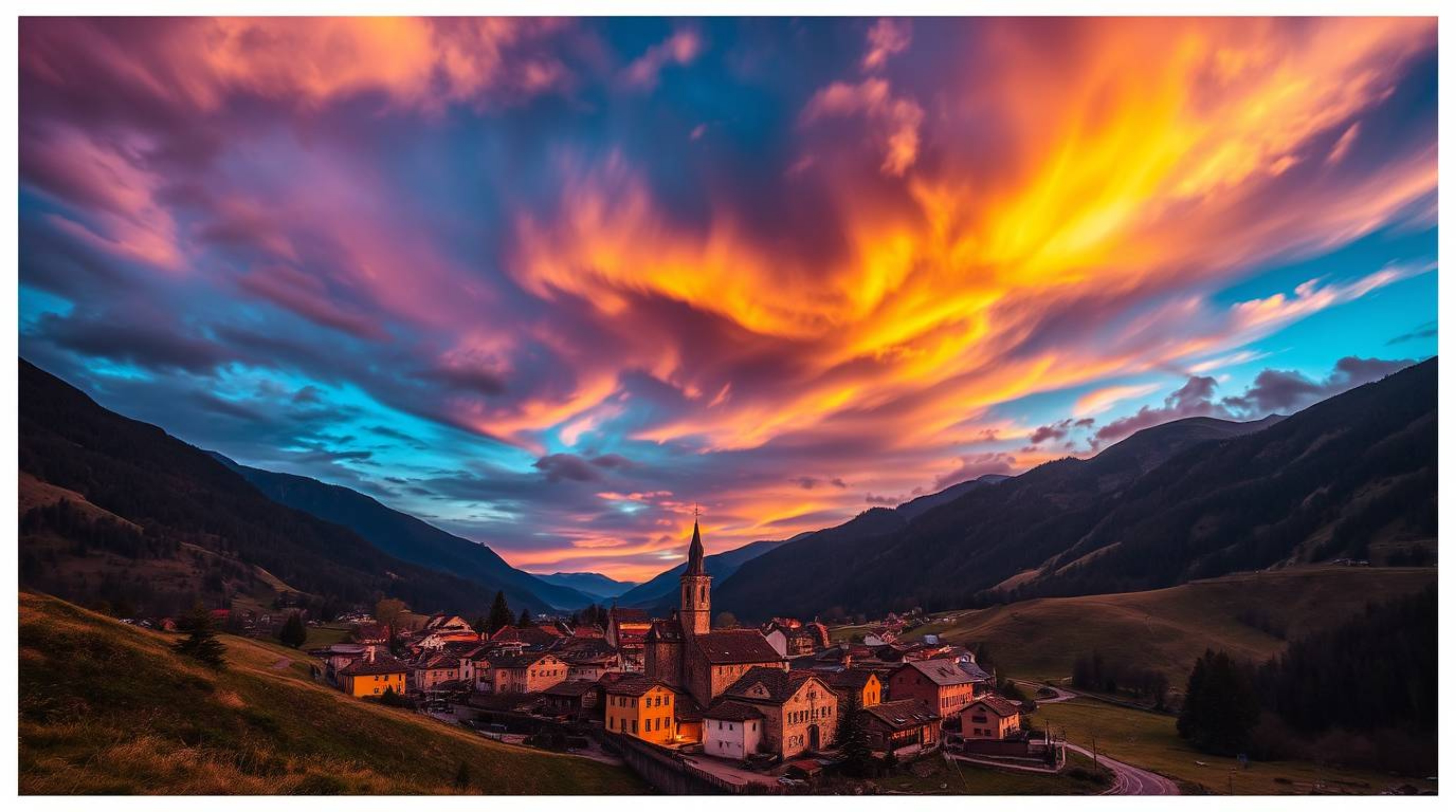 Discover a charming, cozy village nestled in a picturesque valley under a vibrantly colorful sky.  This high-contrast image s