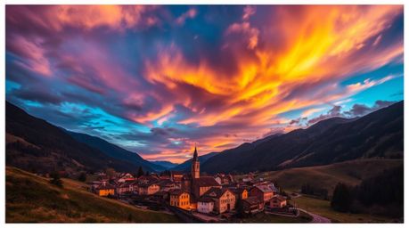 Discover a charming, cozy village nestled in a picturesque valley under a vibrantly colorful sky.  This high-contrast image s