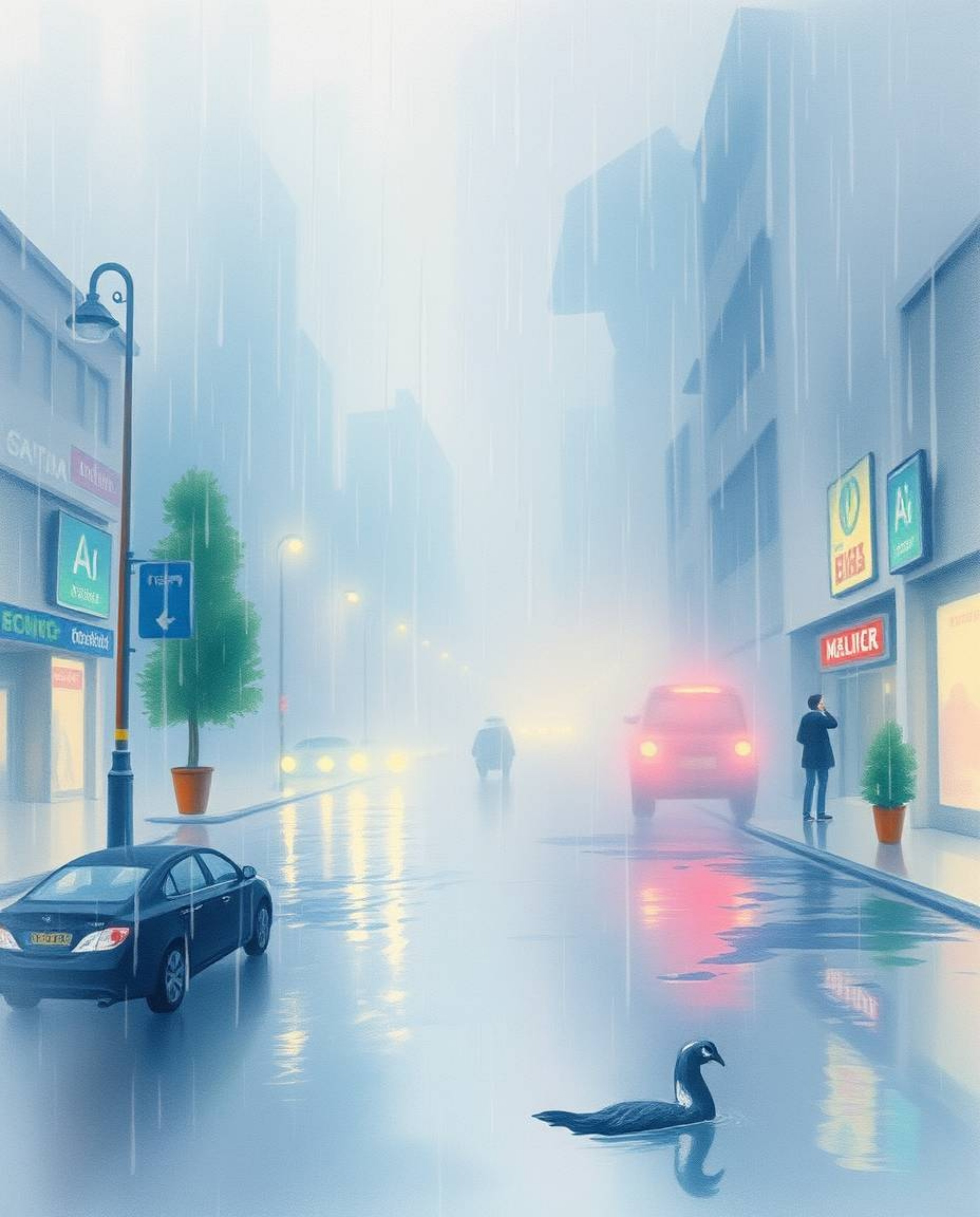 A captivating large-scale watercolor painting showcases a serene wet rainy scene.  Soft pastel colors blend harmoniously, enh