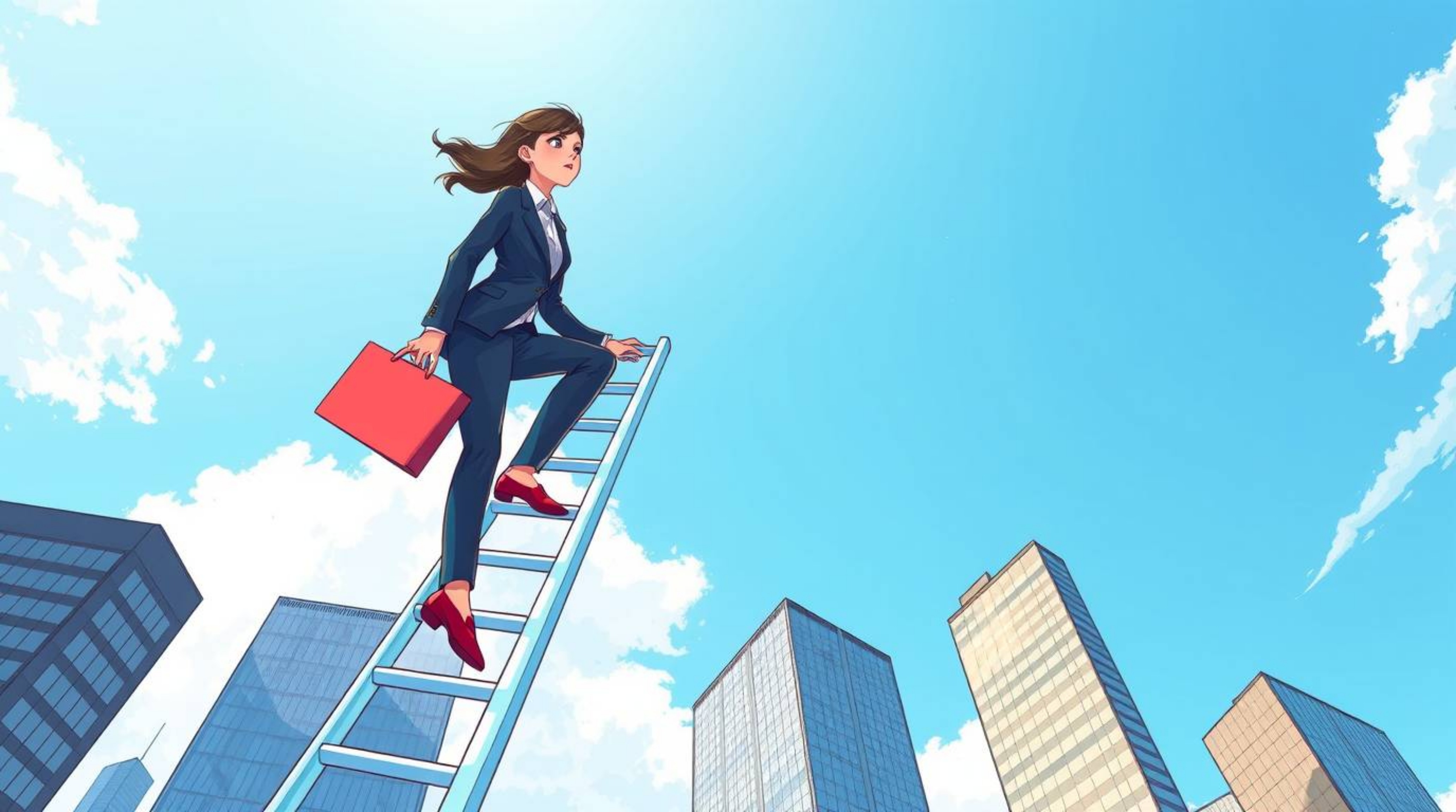 This vibrant and energetic illustration depicts a graceful businessperson with refined features climbing a transparent ladder
