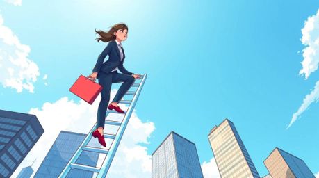 This vibrant and energetic illustration depicts a graceful businessperson with refined features climbing a transparent ladder