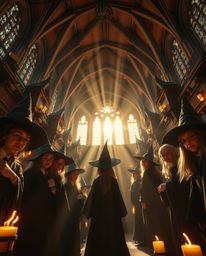 Discover a captivating image of a magical school brimming with young wizards.  Shot from a low angle, the scene is bathed in 