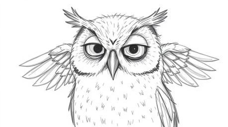 A charming, hand-drawn Pixar-style sketch depicts a blind owl with soft, feathery textures, ingeniously teaching birds to fly